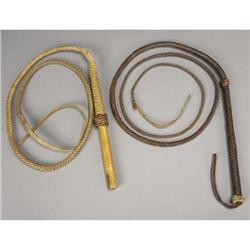 PAIR OF BRAIDED WHIPS a) Rawhide wagon whip; 8'