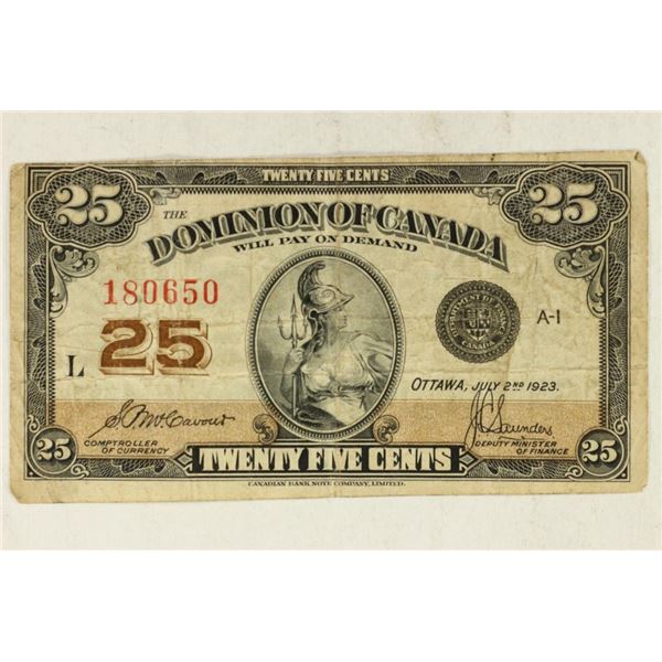 1923 DOMINION OF CANADA 25 CENT FRACTIONAL BILL