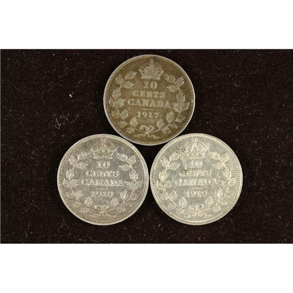 1917, 1918 & 1919 CANADA SILVER 10 CENTS