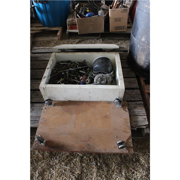 Wooden Box with Contents  & Wheeled Cart