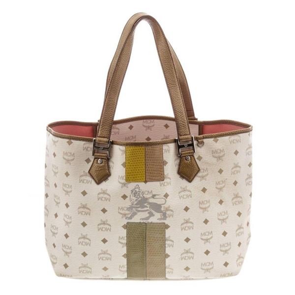 MCM White Visetos Coated Canvas Lion Shopper Tote