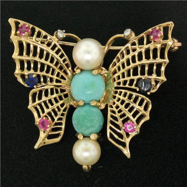 14k Yellow Gold Open Turquoise Pearl Sapphire Ruby Diamond Butterfly Brooch Pin