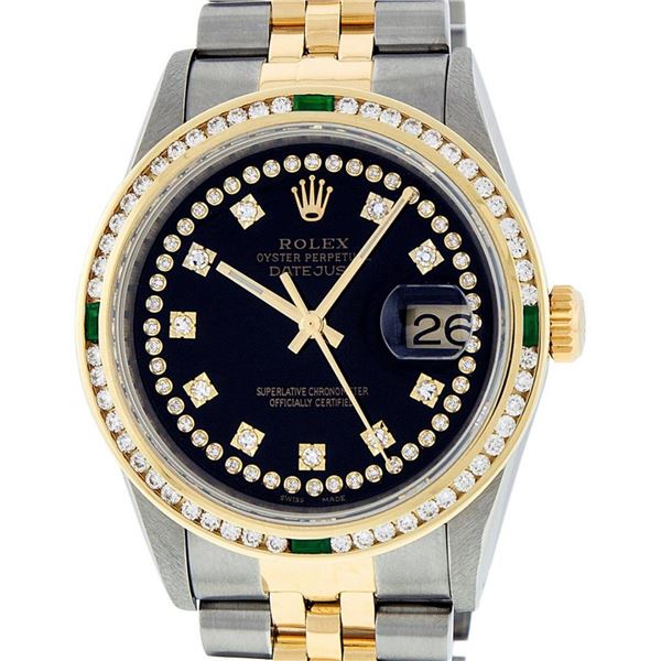 Rolex Mens 2 Tone Black String Diamond & Emerald 36MM Datejust Wristwatch