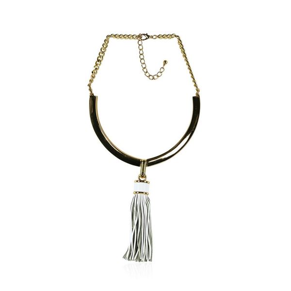 Leather Tassel Pendant Necklace - Rhodium Plated