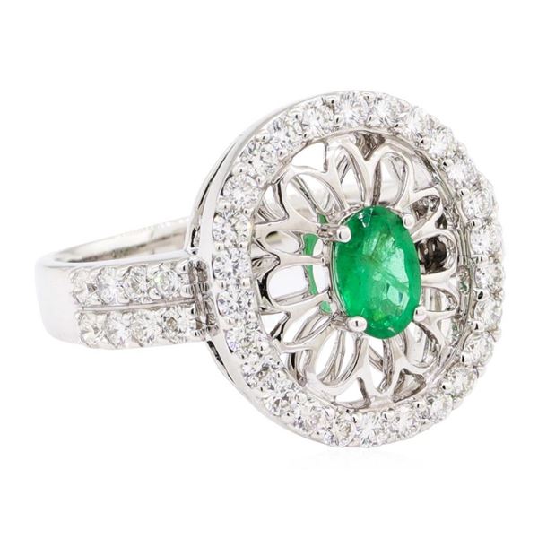 1.16 ctw Oval Mixed Emerald And Round Brilliant Cut Diamond Ring - 14KT White Go