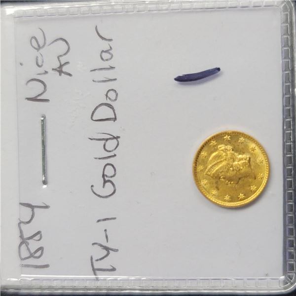 1854 $1 Gold Dollar Coin T-1 AU