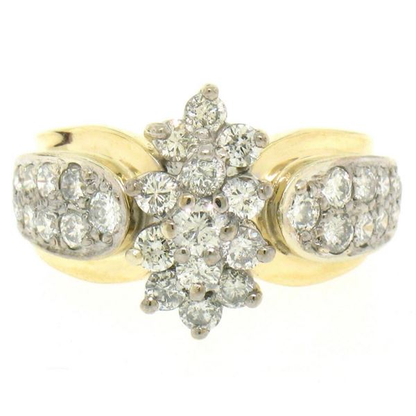 14k Yellow & White Gold 1.51 ctw 33 Prong & Pave Set Round Diamond Cluster Ring