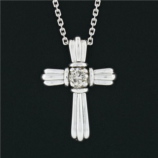 Petite 14k White Gold 0.20 ctw Diamond Grooved Polished Cross 18" Pendant Neckla