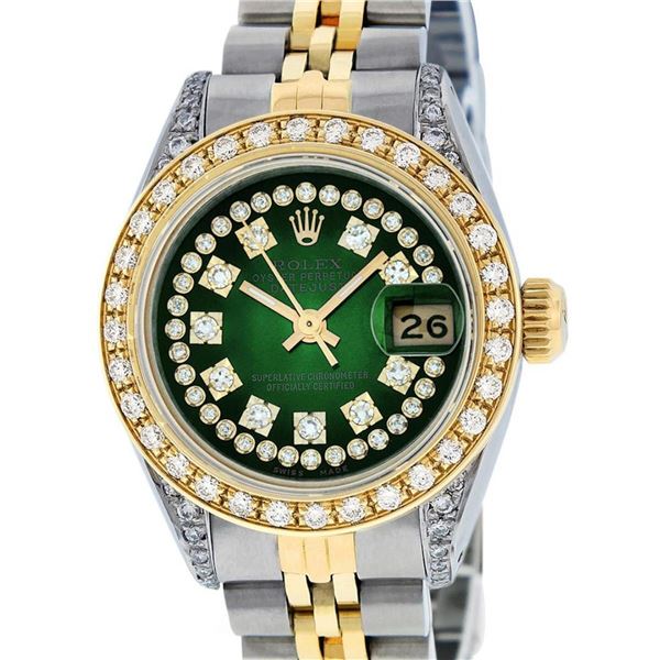 Rolex Ladies 2 Tone Green Vignette Diamond Lugs 26MM Oyster Perpetual Datejust