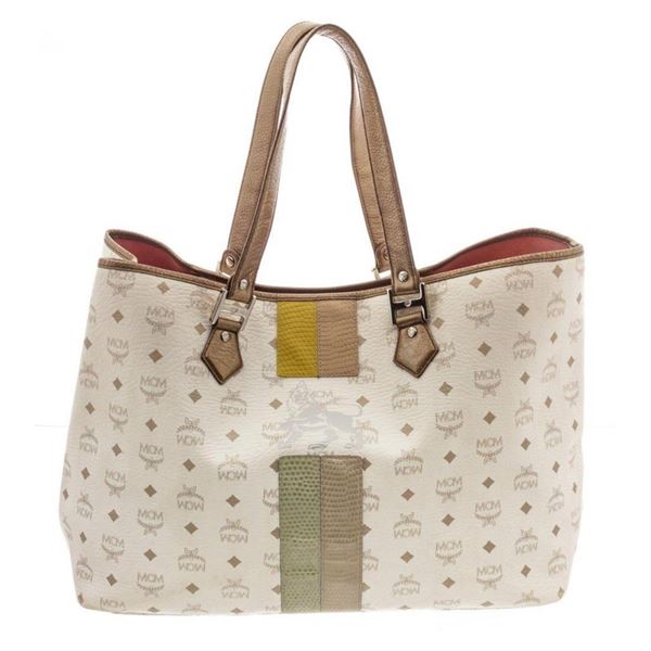 MCM White Visetos Coated Canvas Lion Shopper Tote