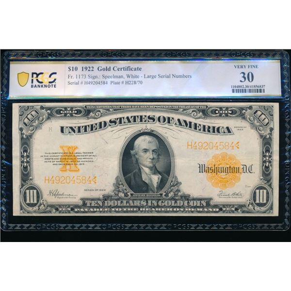 1922 $10 Gold Certificate PCGS 30