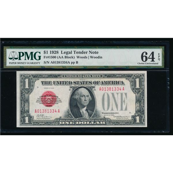 1928 $1 Legal Tender Note PMG 64EPQ