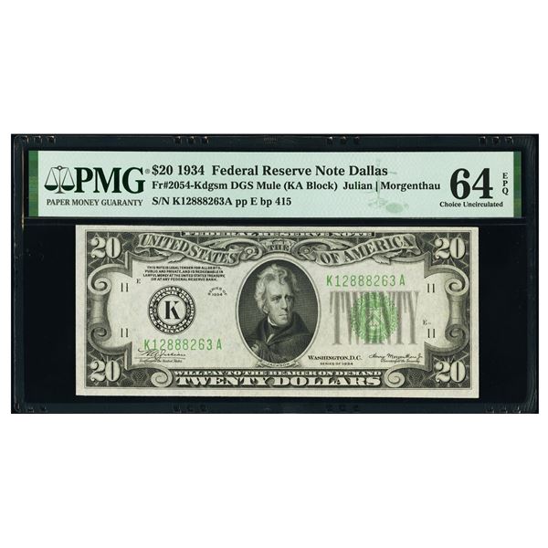 1934 $20 Dallas Mule DGS FRN PMG 64EPQ