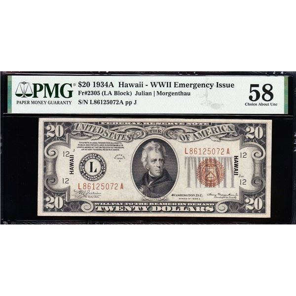 1934A $20 Hawaii Silver Certificate PMG 58