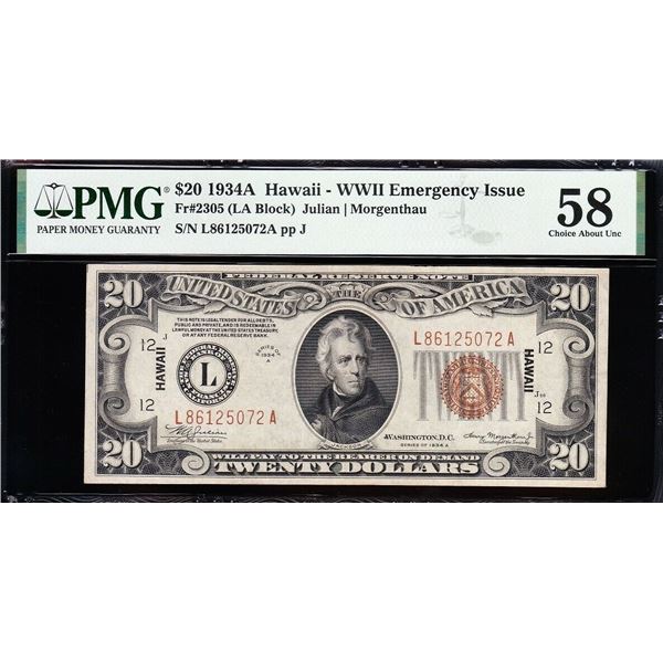 1934A $20 Hawaii Silver Certificate PMG 58