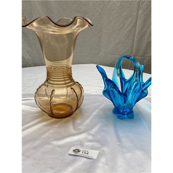 2 Vintage Art Glass Vases Amber Vase 12  H Blue Vase 8  Tall No Chips or Cracks