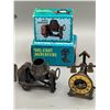 Image 2 : Nice Lot of 5 Diecast Miniature Pencil Sharpeners, 2 with Original Boxes. Ships wheel, Trumpet, Ceme