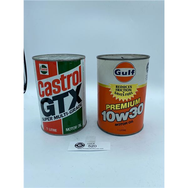 2 Vintage Oil Cans Full Castrol GTX and Gulf Piggy Bank Oil Can