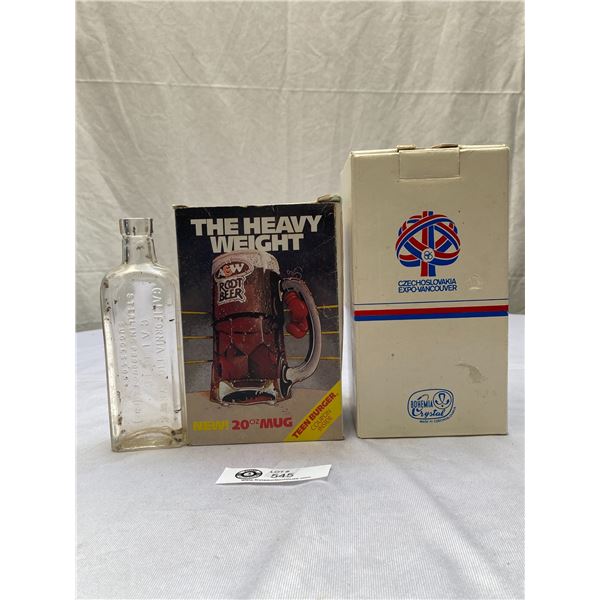 Expo 86 Bohemia Cyrstal Czech. Glasses + A&W Mug In Box + California Antique Syrup Bottle