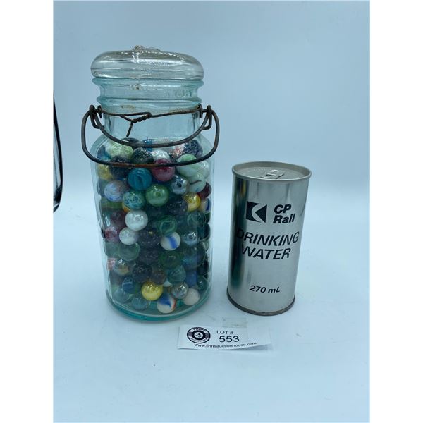 Old Canning Jar Full of Marbles and a Full CP Rail Drinking Water Can