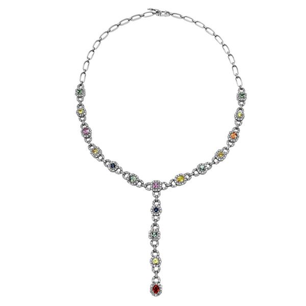 Natural 8.44 CTW Sapphire & Diamond Necklace 14K White Gold - REF-450M2F