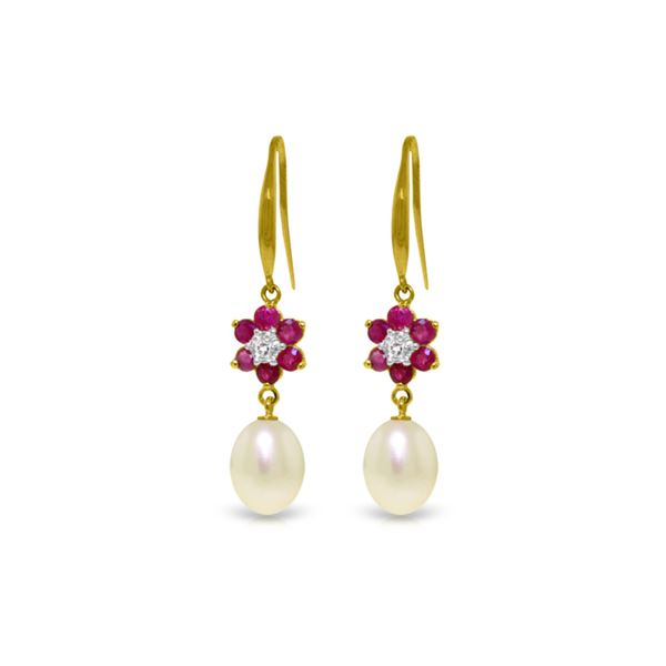 Genuine 9.01 ctw Ruby, Pearl & Diamond Earrings 14KT Yellow Gold - REF-46F7Z
