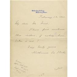 Katharine Lee Bates Autograph Letter Signed. One