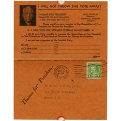 1932 Norman Thomas Socialist Party Post Card