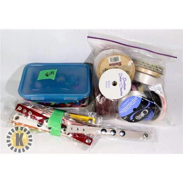 LOT OF CRAFT SUPPLIES, BUTTONS STRAPS, RIBBONS