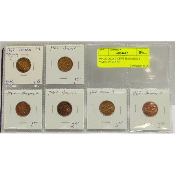 x6 CANADA 1 CENT HANGING 2 VARIETY COINS