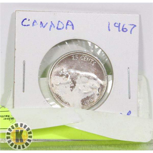 1967 CANADIAN 25 CENT PIECE NEAR MINT