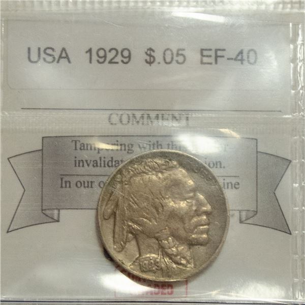 1929 USA INDIAN HEAD BUFFALO NICKEL EF-40 GRADE