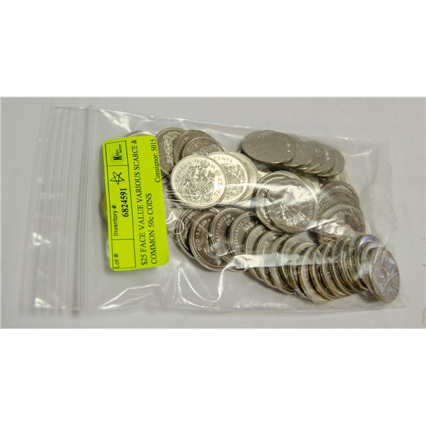 $25 FACE VALUE VARIOUS SCARCE & COMMON 50c COINS