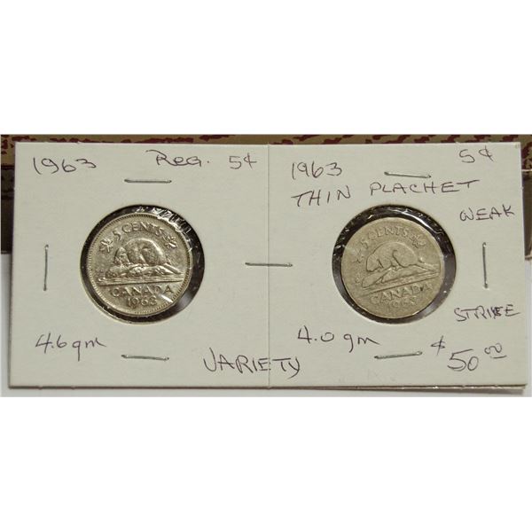 1963 REGULAR & THIN PLANCHET CANADA 5 CENTS COINS