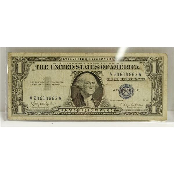 1957B USA SILVER CERTIFICATE $1 DOLLAR NOTE CIRC.