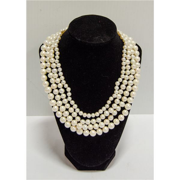 STERLING SILVER 7-11MM WHITE 4 ROW PEARL NECKLACE