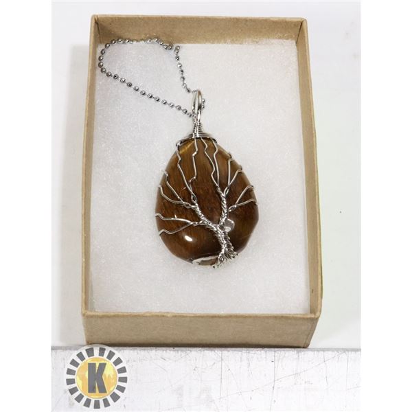 TIGERS EYE STONE TREE OF LIFE NECKLACE STAMPED