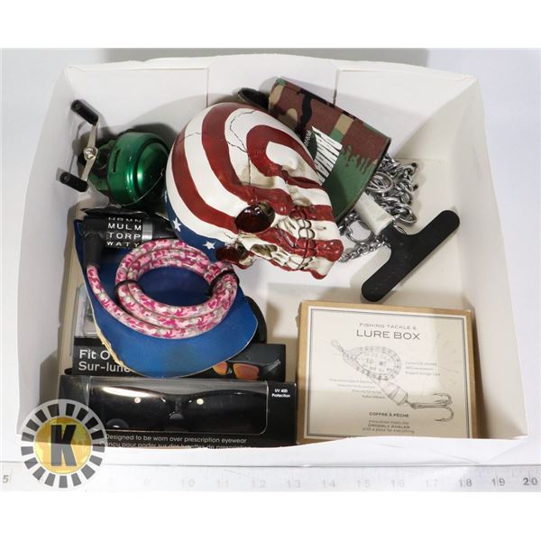 BOX OF FISHING & DOG ACCESSORIES