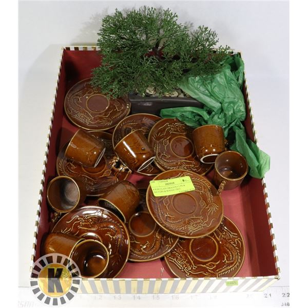 8 PORCELAIN DRAGON CUPS & SAUCERS & BONSAI TREE