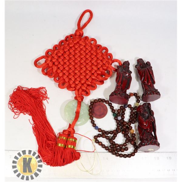 CHINESE STATUES, JADE DISC ROPE ART, SILVER WOOD &