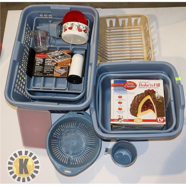 BIN OF KITCHEN ITEMS AND LAUNDRY BINS