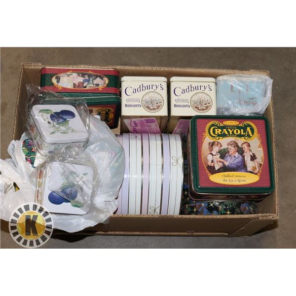 BOX OF ASSORTED COOKIE TIN CANS