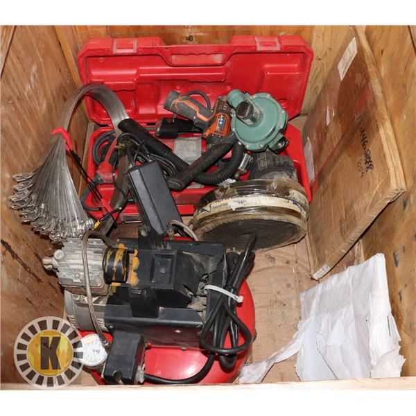 PALLET OF CARPENTRY EQUIPMENT, TOOLS, AND MORE (*NEED REPAIR)