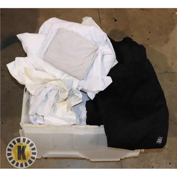 TOTE OF CHEF UNIFORMS- PANTS, SHIRTS AND APRONS