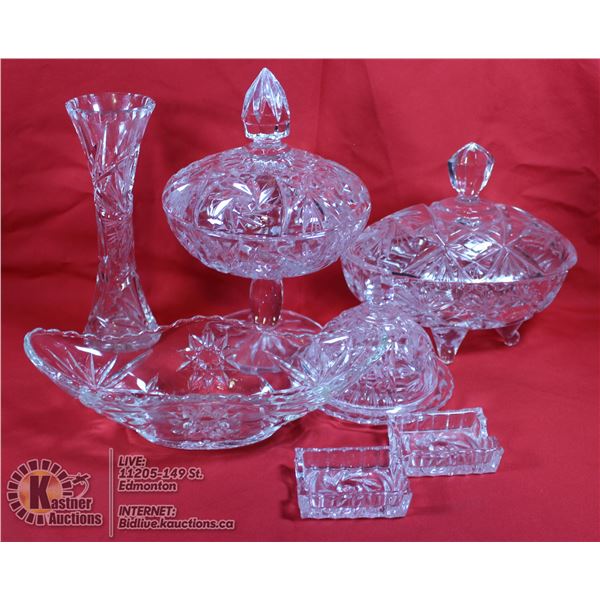 CRYSTAL LIDDED CANDY DISHES (2) & ASSORTED ITEMS