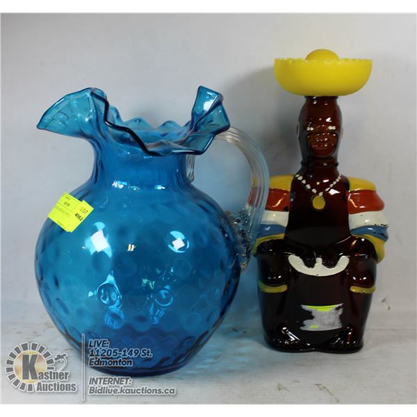 ART GLASS LARGE BLUE PITCHER