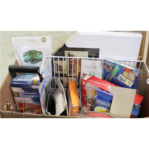 LG BOX OF DOLLAR STORE ITEMS & CORNER SHELF