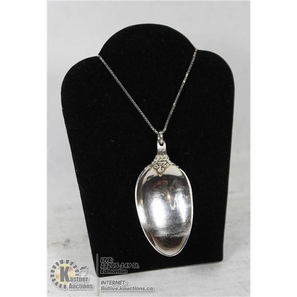 LARGE SILVER SPOON ART NECKLACE WITH A BLUE STONE