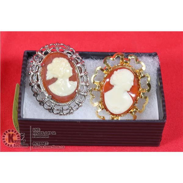 ONE CAMEO BROOCHES GOLD TONE AND ONE SILVER CAMEO