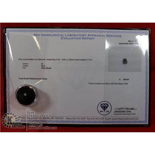 MGI LAB APPRAISED COA GENUINE 0.17ct DIAMOND